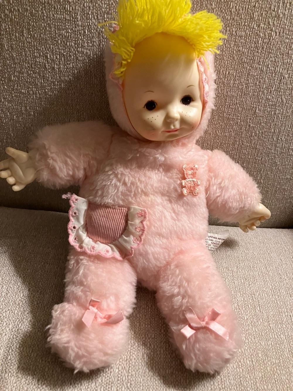 Plush Pink Baby Doll with Yellow Yarn Hair - Soft Snuggly Toy